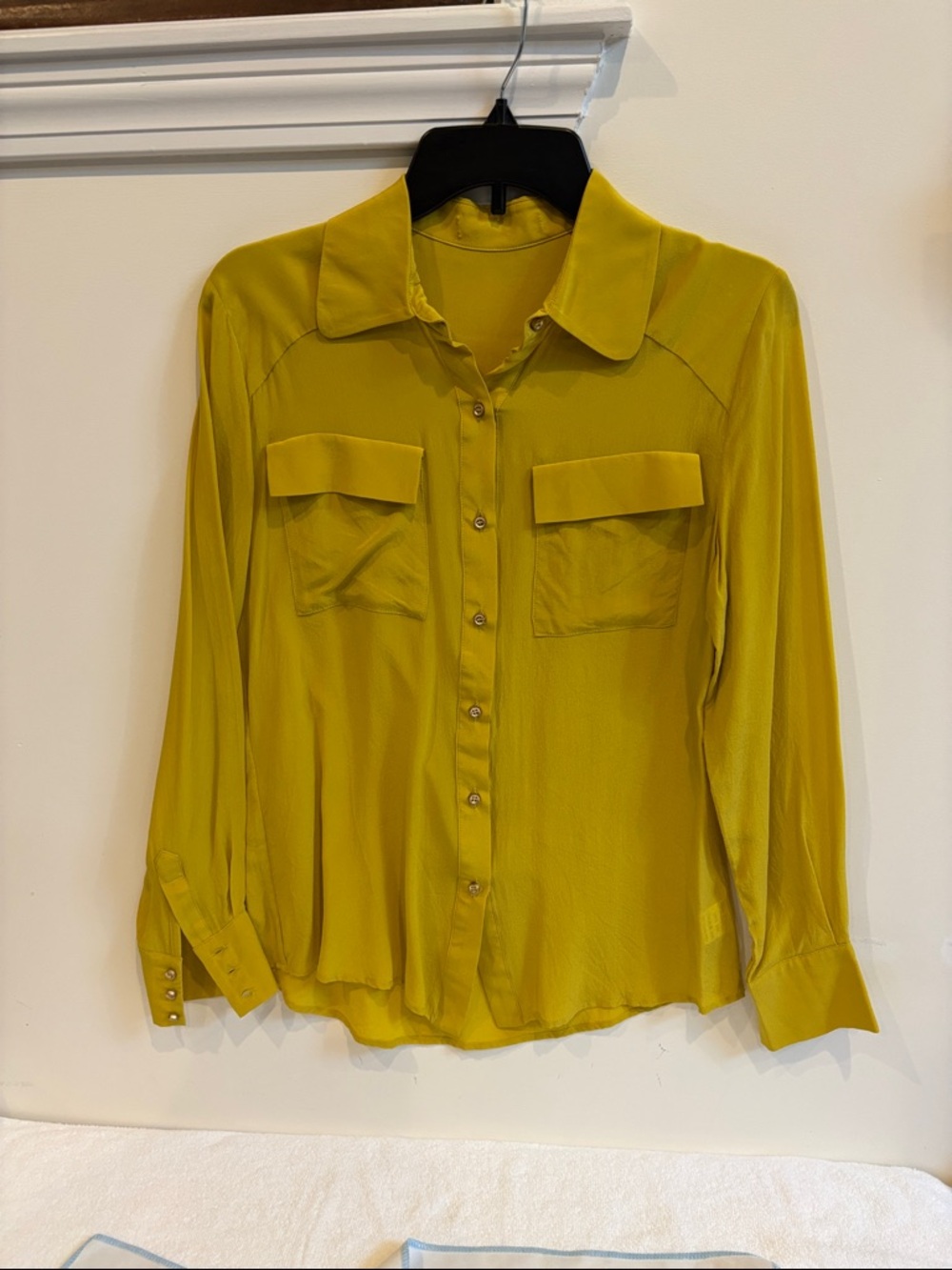 Italian Silk Long-Sleeve Mustard Button Front Blouse with Chest Pockets